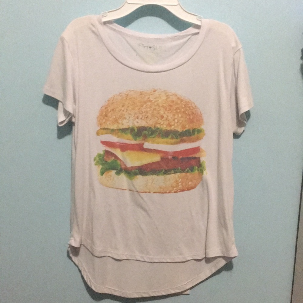 White loose t shirt with cheese burger on front
